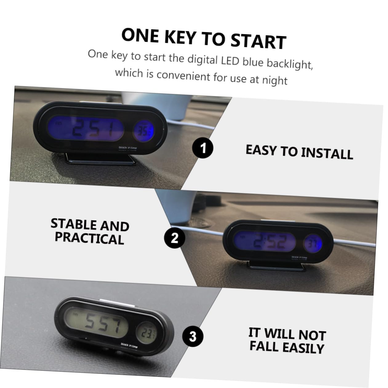 Mobestech 3piezas Digital De Coche Reloj Electrónico De Alta Precisión Pantalla De Temperatura Para De Automóviles Fácil Instalación y Uso Oficina y Hogar