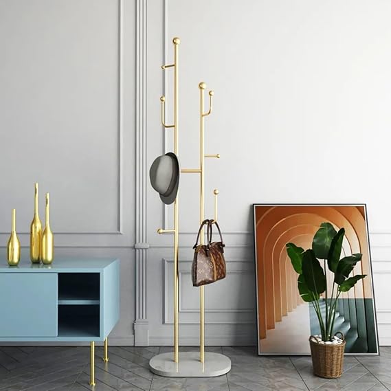homary Coat Rack Freestanding Clothing Rack, 67 with 7 Hooks & Top Bar, Freestanding Coat Tree Stand with Faux Marble Base, Space Saving Heavy Duty Hat Hanger for Corner, Entryway, Bedroom, Gold