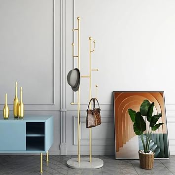 homary Coat Rack Freestanding Clothing Rack, 67 with 7 Hooks & Top Bar, Freestanding Coat Tree Stand with Faux Marble Base, Space Saving Heavy Duty Hat Hanger for Corner, Entryway, Bedroom, Gold