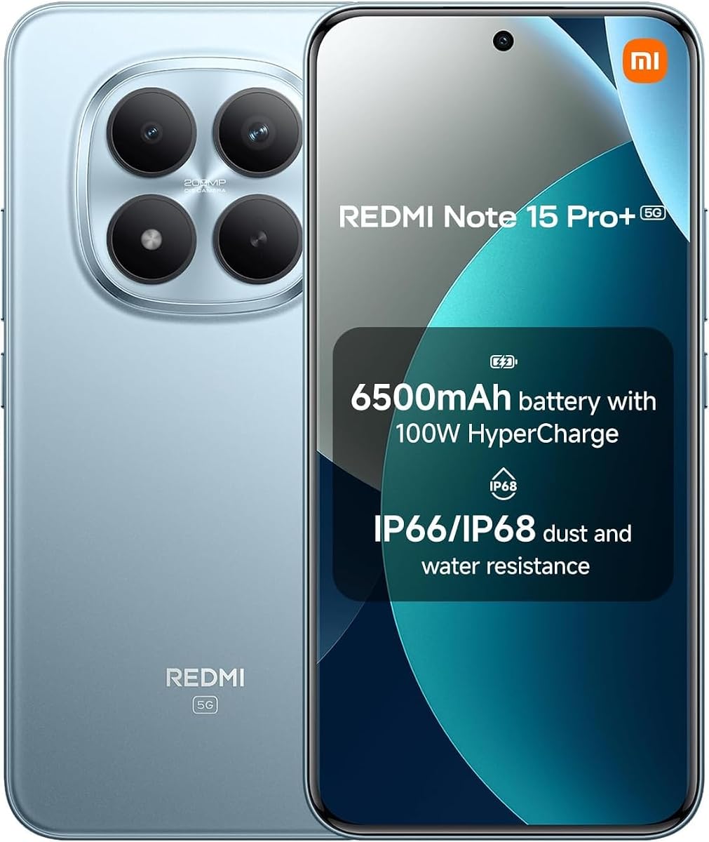 Redmi Note 15 Pro+ Plus 5G Ai (Compatible con Tmobile Mint Tello & Global) (512GB + 12GB) NFC 6.83" 120Hz 200MP Ultra Camera Modelo 2510ERA8BG Desbloqueado Dual Sim Liberado (Glaciar Azul)