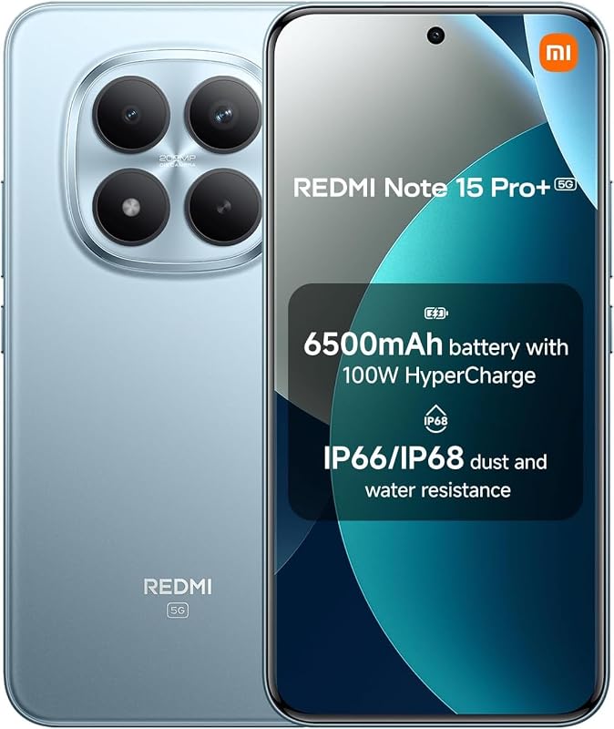 Redmi Note 15 Pro+ Plus 5G Ai (Compatible con Tmobile Mint Tello & Global) (512GB + 12GB) NFC 6.83" 120Hz 200MP Ultra Camera Modelo 2510ERA8BG Desbloqueado Dual Sim Liberado (Glaciar Azul)
