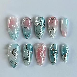 Almond Press on Nails Medium Fake Nails Ombre Pink False Nails with Swirl Designs Glossy Charm Glue on Nails for Women 24pcs