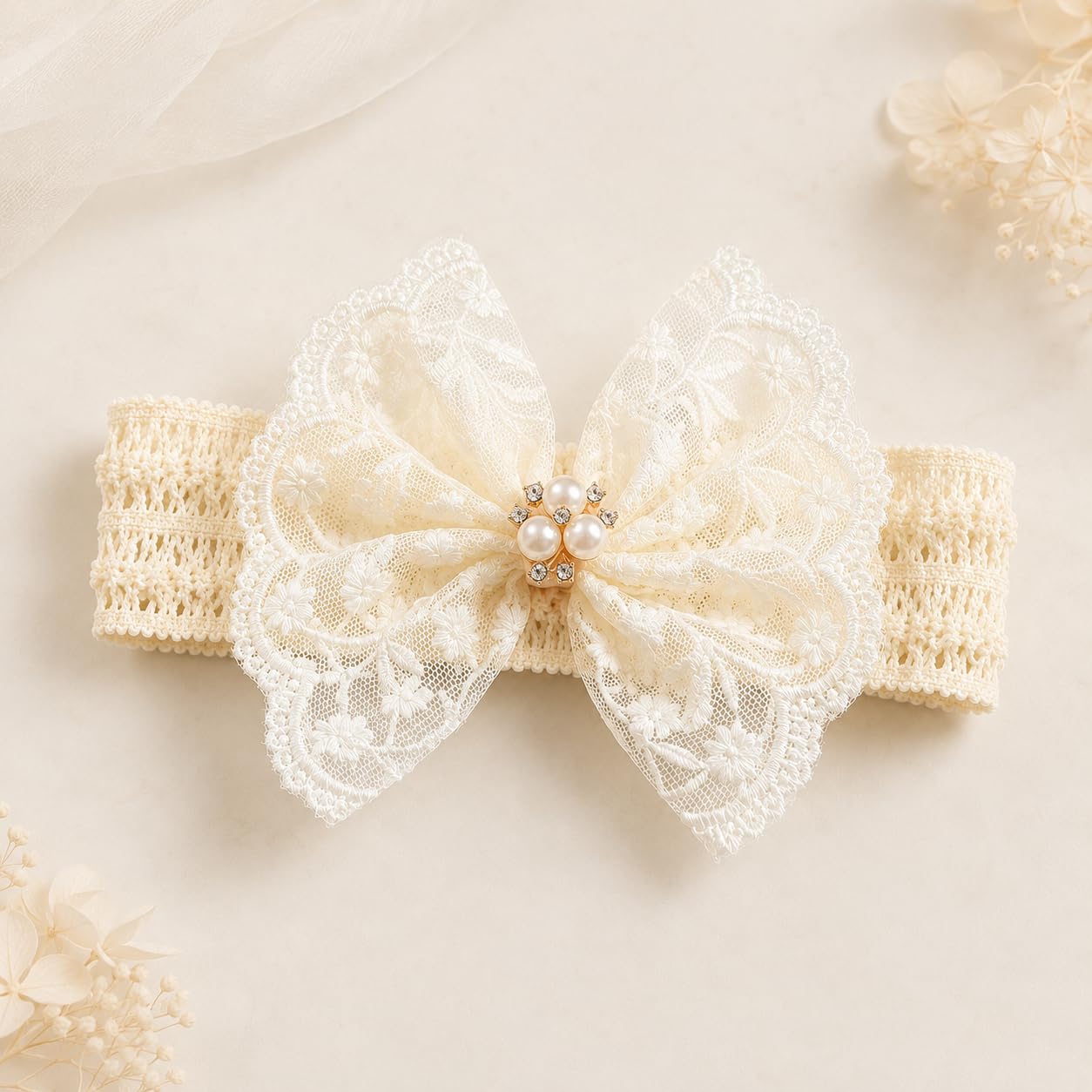 Baby Girls Hairband White Bow Lace Headbands Handmade Soft Stretchy Bowknot Hairbands Newborn Headband with Bows Pearls Elastic Head Band for Newborn Infant(Beige Embroidered Pearl Bow)