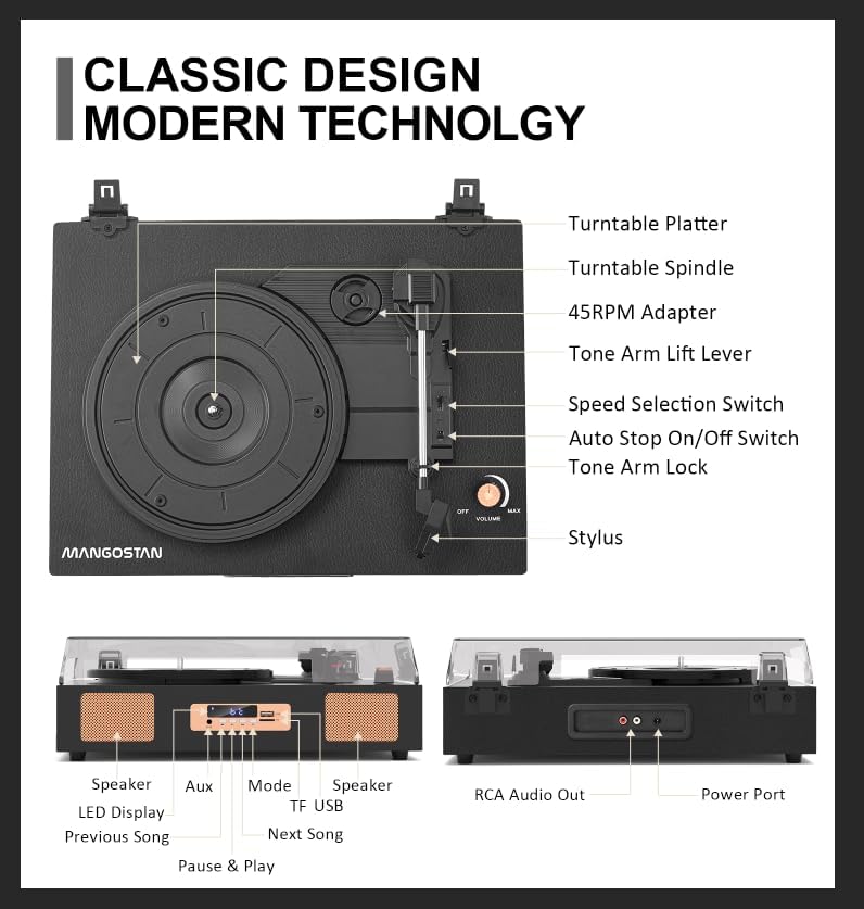 Miniatura 9 de Tocadiscos de vinilo vintage, tocadiscos de 3 velocidades con Bluetooth, grabación USBSD, altavoces estéreo integrados, salida RCA, pantalla