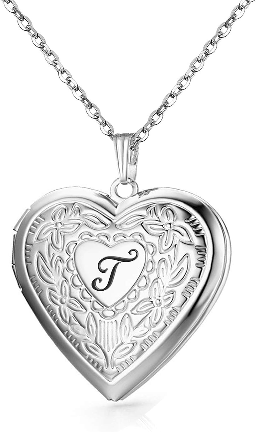 MUERDOU Locket Necklace that Holds Pictures Initial Alphabet Letter Heart Shaped Photo Memory Locket Pendant Necklaces T