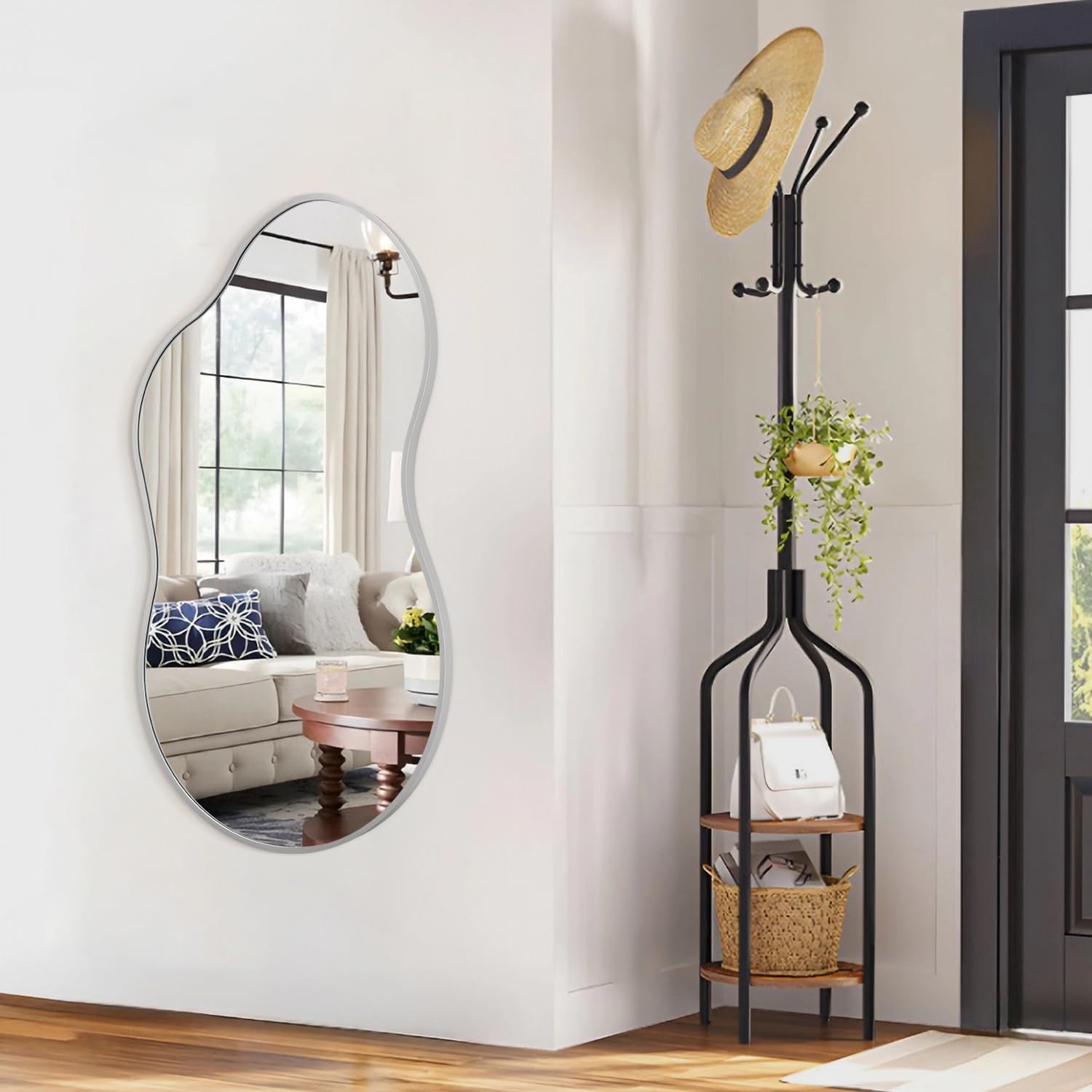 JJUUYOU Bathroom Wall Mirror Irregular Mirrors for Wall Large Brushed Metal Frame 22"x40" Vanity Wall Mounted Mirror for Living Room Bedroom Entryway Vanity Home Decor Silver