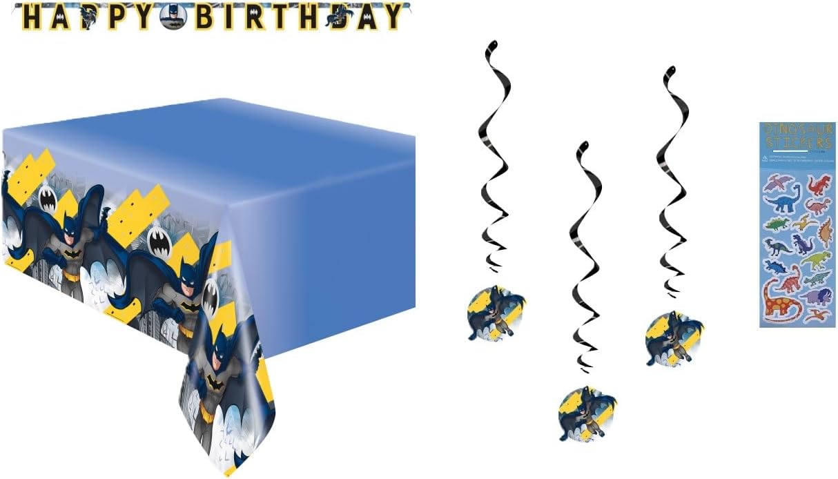 Batman Birthday Party Supplies Decoration Bundle includes Birthday Banner, Table Cover, Hanging Swirl Decorations
