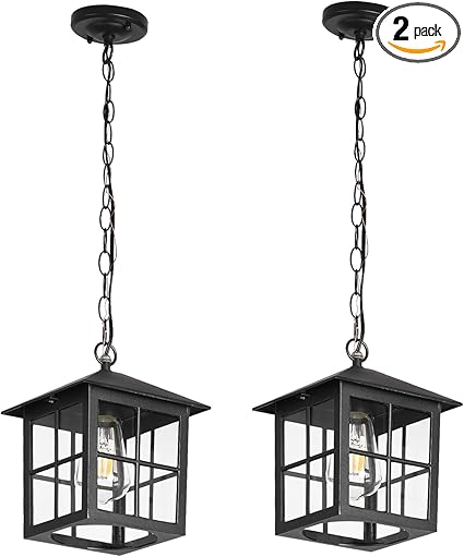 Black Outdoor Pendant Light, Porch Doorway Hallway Exterior Hanging Lights with Adjustable Chain Waterproof Outside Hanging Lantern Fixture Indoor Home Dinning Room Kitchen Island (Black, 2 Pack)