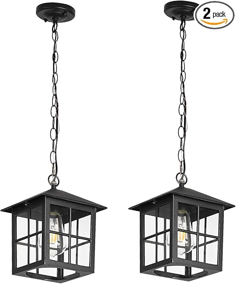 Black Outdoor Pendant Light, Porch Doorway Hallway Exterior Hanging Lights with Adjustable Chain Waterproof Outside Hanging Lantern Fixture Indoor Home Dinning Room Kitchen Island (Black, 2 Pack)
