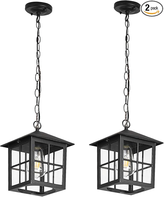 Black Outdoor Pendant Light, Porch Doorway Hallway Exterior Hanging Lights with Adjustable Chain Waterproof Outside Hanging Lantern Fixture Indoor Home Dinning Room Kitchen Island (Black, 2 Pack)