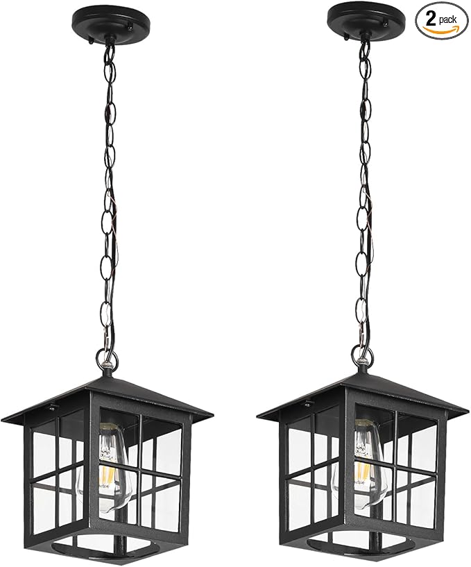 Black Outdoor Pendant Light, Porch Doorway Hallway Exterior Hanging Lights with Adjustable Chain Waterproof Outside Hanging Lantern Fixture Indoor Home Dinning Room Kitchen Island (Black, 2 Pack)