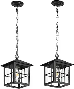 Black Outdoor Pendant Light, Porch Doorway Hallway Exterior Hanging Lights with Adjustable Chain Waterproof Outside Hanging Lantern Fixture Indoor Home Dinning Room Kitchen Island (Black, 2 Pack)