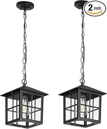 Black Outdoor Pendant Light, Porch Doorway Hallway Exterior Hanging Lights with Adjustable Chain Waterproof Outside Hanging Lantern Fixture Indoor Home Dinning Room Kitchen Island (Black, 2 Pack)