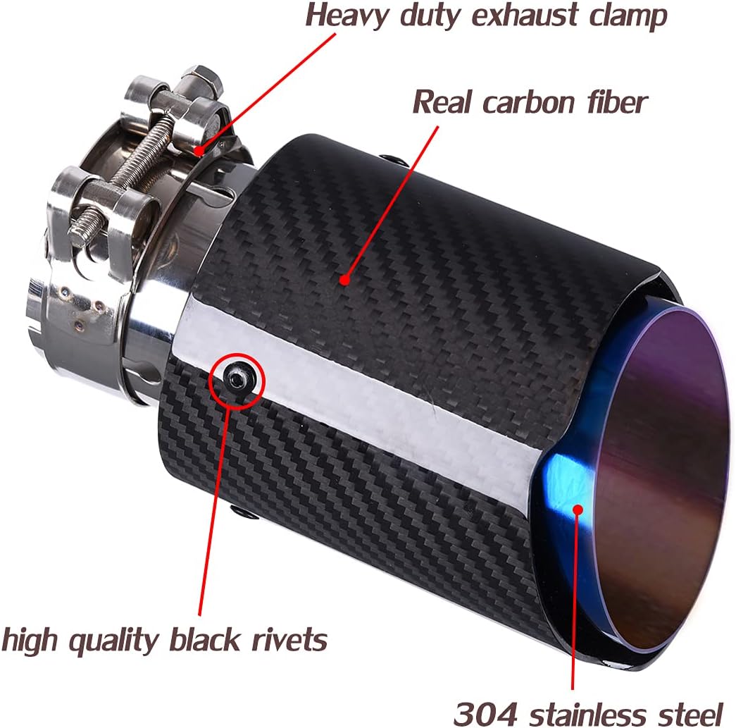 CARMON Real Twill Carbon Fiber Exhaust Pipe Muffler Tips with Blue Burnt 304 Stainless Steel (ID 3“, OD 4.5”)