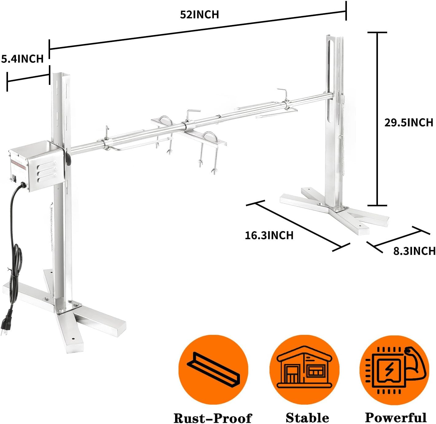 Rotisserie Grill Kit, 52" Outdoor Electric Stainless Steel Tripod Rotisserie Stand, 90LBS Pig Spit Rotisserie Grill, Height Adjustable BBQ Rotisserie Kit, Pig Rotisserie Hog Lamb Campfire