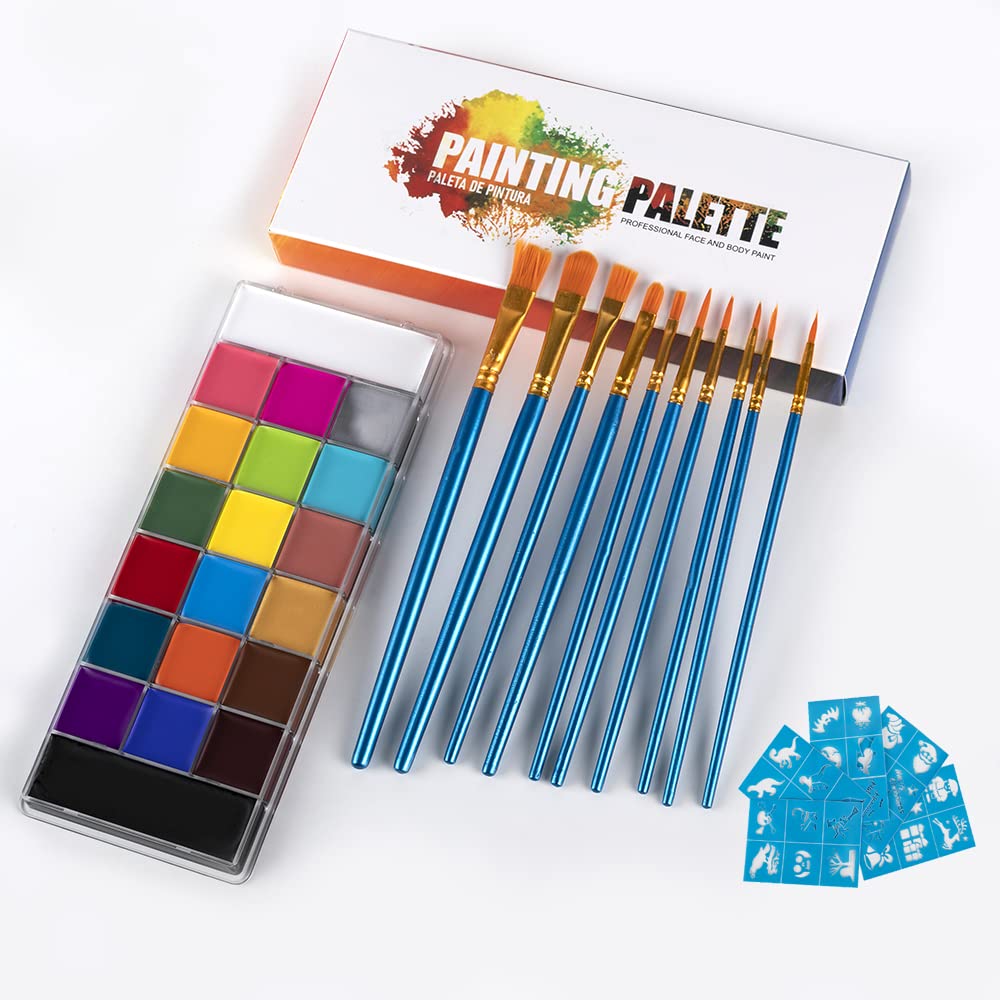 Face Painting Makeup Body Paints Kit Palettes for Cosplay Party SFX Arty Stage Makeup Halloween Face Paint World Cup (10 Professional Brush,20 Colors Paint ,30 Stencils)