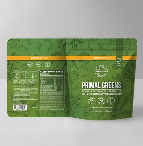 Vista 2 de Super Greens Powder de Primal Harvest, 30 porciones con +50 Greens Superfood Clorella, probióticos, té verde, pasto de trigo, col rizada, cúrcuma