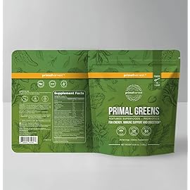 Primal Harvest Super Greens Powder, 30 Servings w/+50 Greens Superfood Chlorella, Probiotics, Green Tea, Wheatgrass, Kale, Turmeric for Energy,Primal Greens