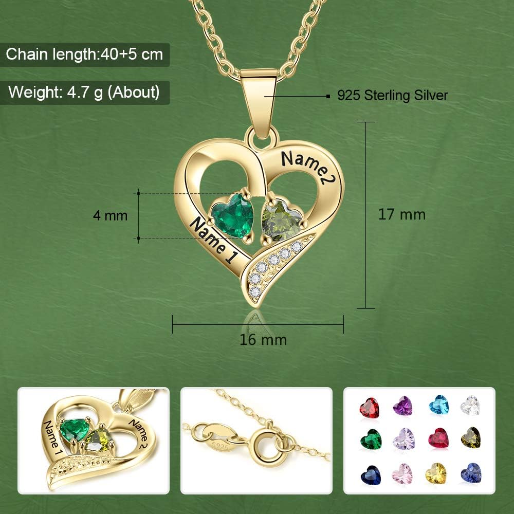 Love Jewelry Sterling Silver Personalized 2 Names Necklace with 2 Heart Simulated Birthstone Couple Pendant Necklace for Women (Gold)