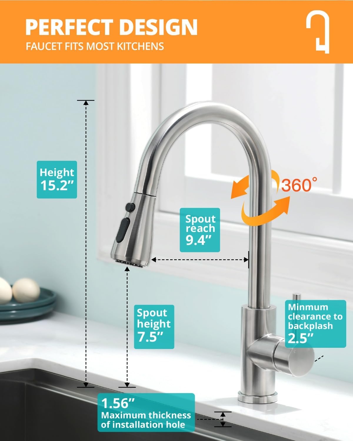 Kicimpro Kitchen Faucet with Pull Down Sprayer, Zero Leakage 3 Hole Brushed Nickel RV Kitchen Sink Faucet with Water Line, NSF Certified Lead-Free 304 Stainless Steel Touchless Kitchen Sink Faucets