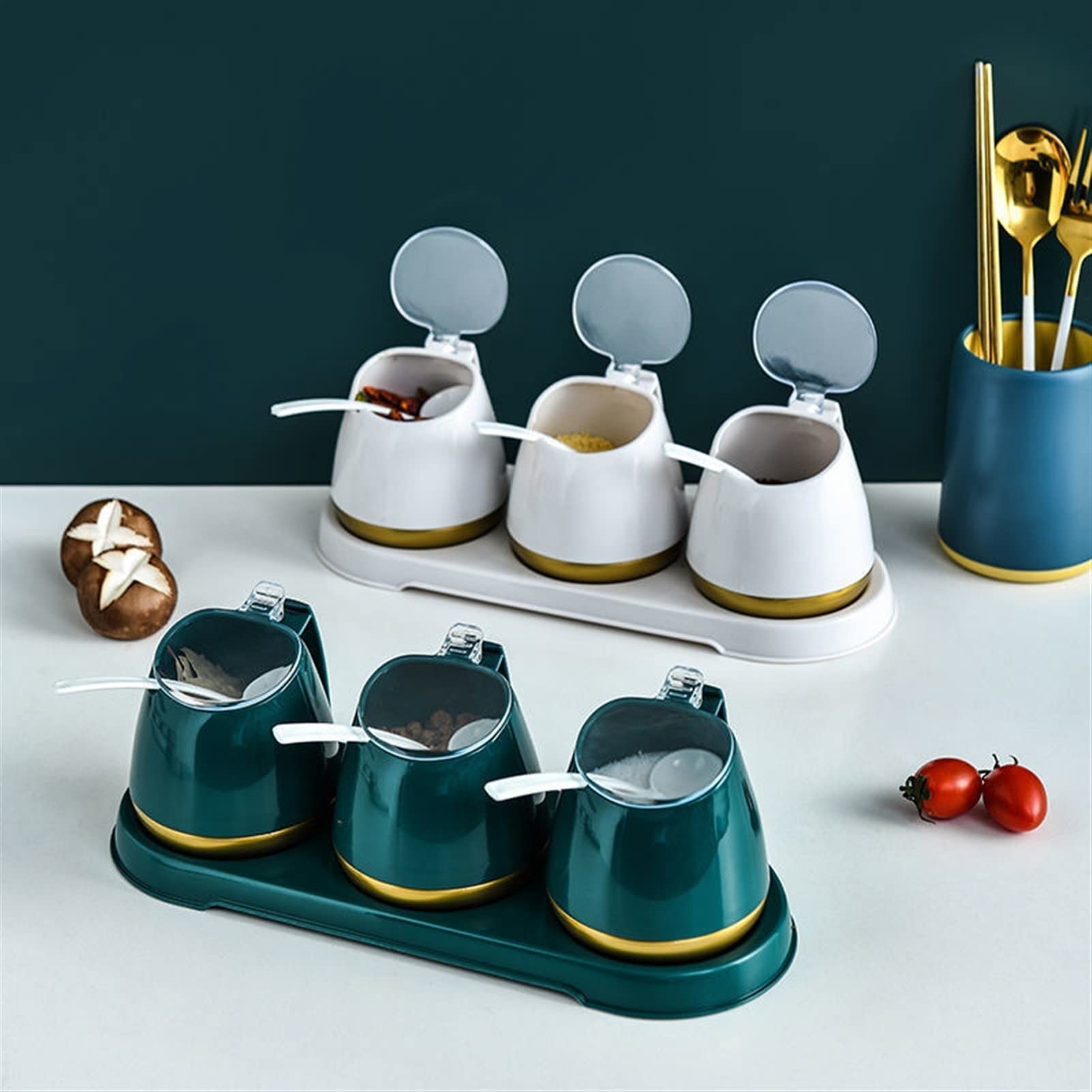 Boîte d'assaisonnement Étagères à épices Pot d'assaisonnement Salière Sauce soja Cruet Distributeur de condiments Étagère à épices Bouteille de condiments Ensemble de bidons d'assaisonnement Ensemble