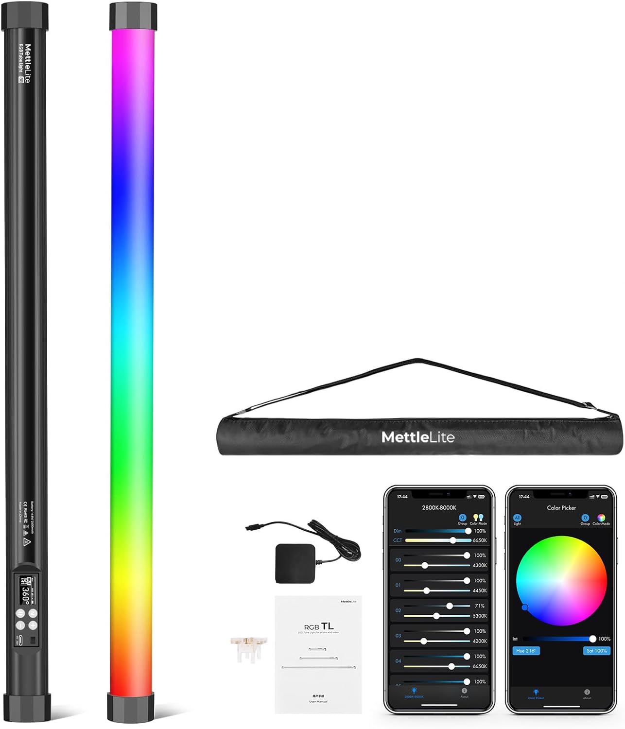 Mettlelite TLX2C RGB Tube Light, Full Color RGBWW LED Video Light Stick with APP DMX Control, 2ft 2800K-8000K, Customizable Light Effects, Rechargeable, CRI97+ TLCI98+ for Studio Photography Video