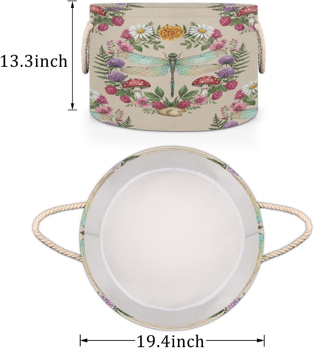 Large Storage Baskets - Dragonfly Floral Nursery Round Organizer Bin Box, Collapsible Laundry Hamper for Kids Toys, Blanket, Bedroom Living Room Home Decor, Gift Basket, 19.4"x13.3"