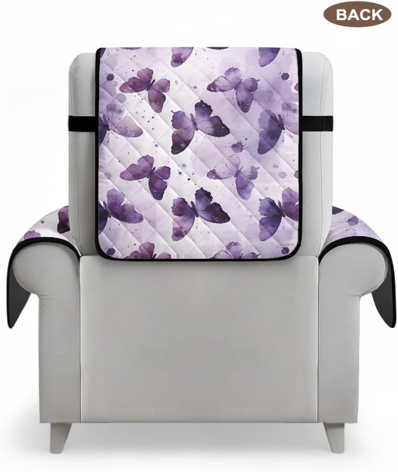 Purple Butterfly Watercolor Print Non Slip Recliner Chair Cover with Side Storage Pocket, Reclining Chair Slipcover with Elastic Strap, Machine Washable Recliner Cover Stay in Place