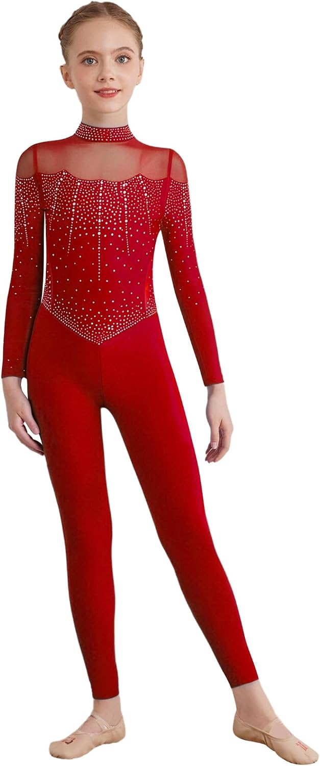 Girls Full Body Gymnastics Leotard Long Sleeve Rhinestones Figure Ice Skating Unitards