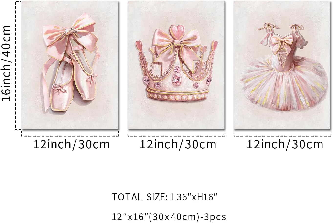 KREATIVE ARTS Pink Ballet Wall Art Set for Girls Room Canvas Prints Princess Crown Tutu Dress Ballerina Shoes Decor for Nursery Bedroom Bathroom Stretched Ready to Hang 3 Pack 12x16 Inch