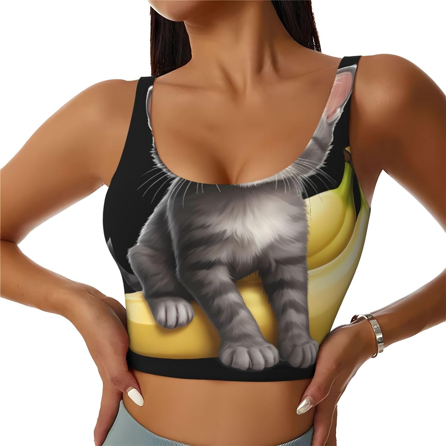 Women's Sports Vest The Kitten on The Banana Printed Soft, Comfortable, Lightweight, and Breathable