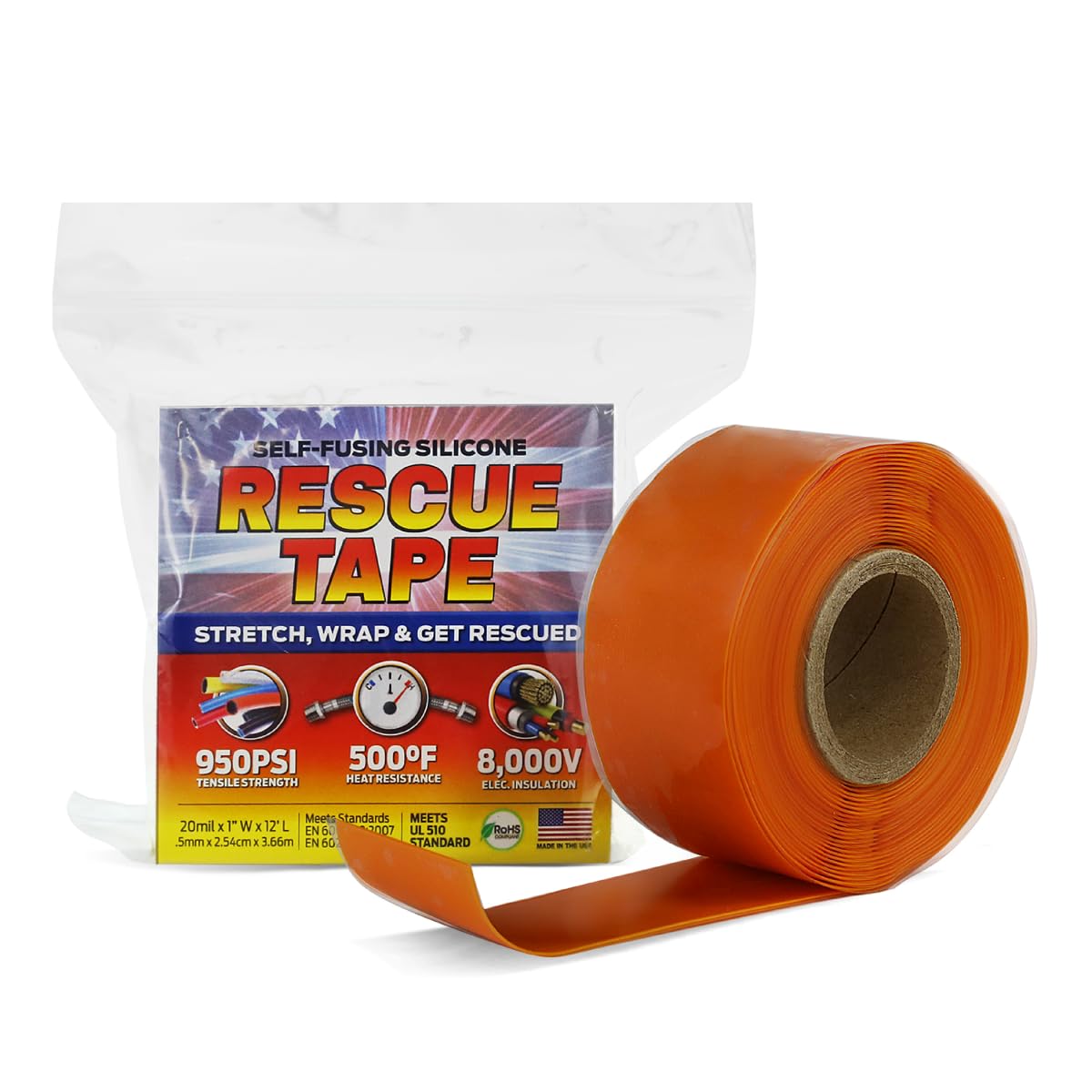 Bond It Rescue Tape, Self-Fusing Silicone for Emergency Plumbing, Pipe & Hose Repair, Electrical Insulation, Waterproof, 950PSI, Made in USA, 1" x 12', Orange