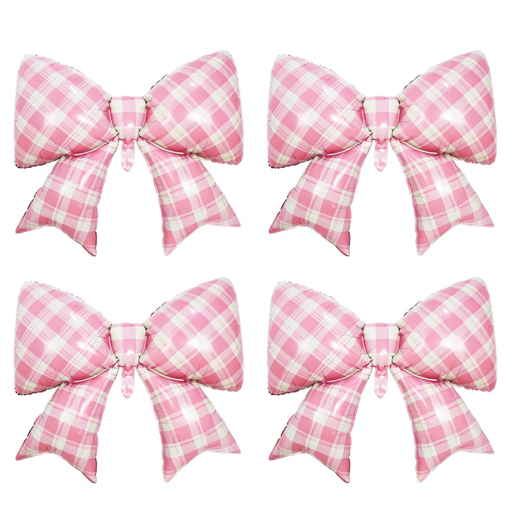 Pink Plaid Bow Foil Balloons Large Checkered/Gingham Bow Knot Balloon Coquette Bow Themed Party Decor For One Silly Goose Birthday Baby Shower Girls Just Wanna Be One Birthday Party Decorations