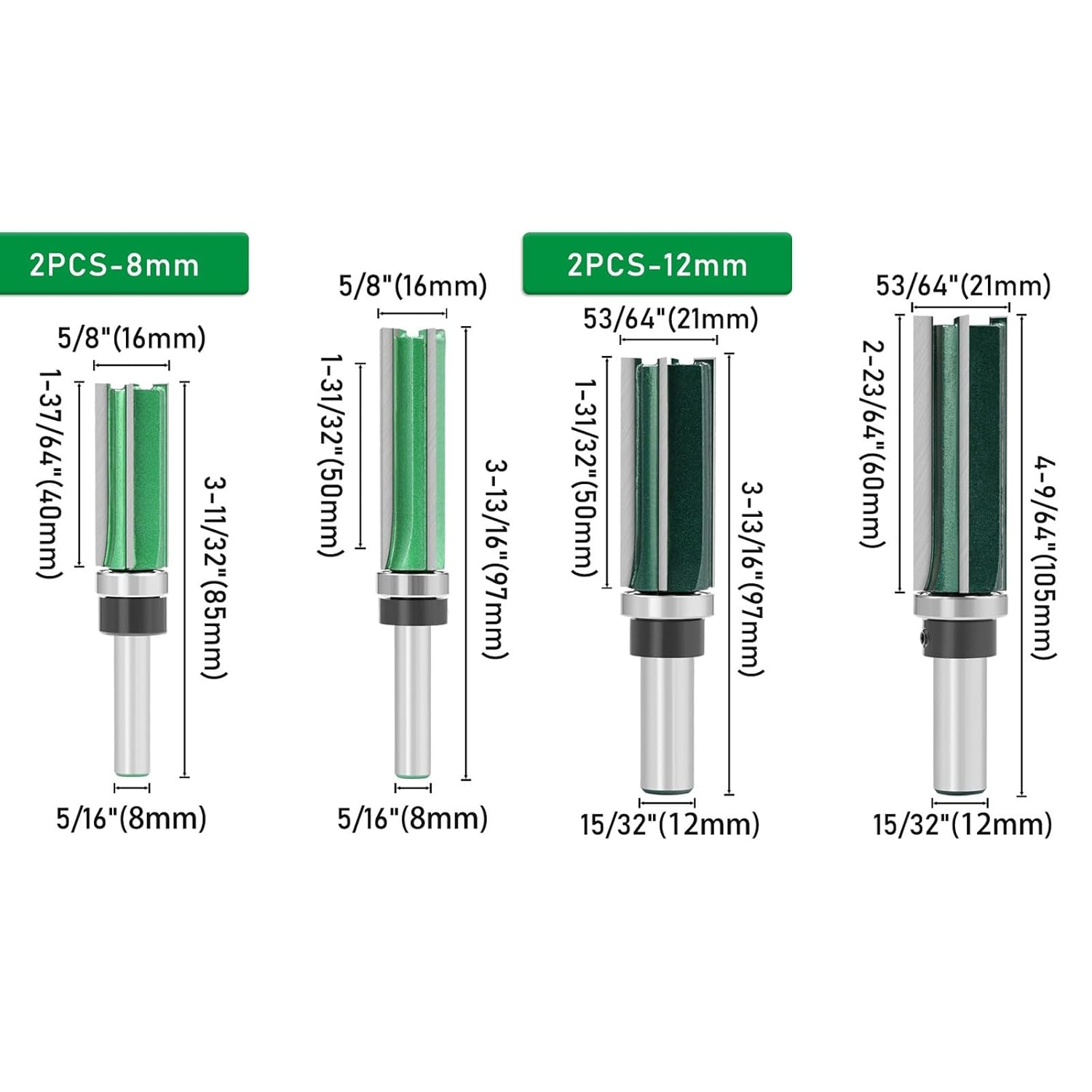 2Pcs 8MM 12MM Shank Bearing Trimming Cutter Woodworking Milling Bearing Straight Woodworking Wood Cutter