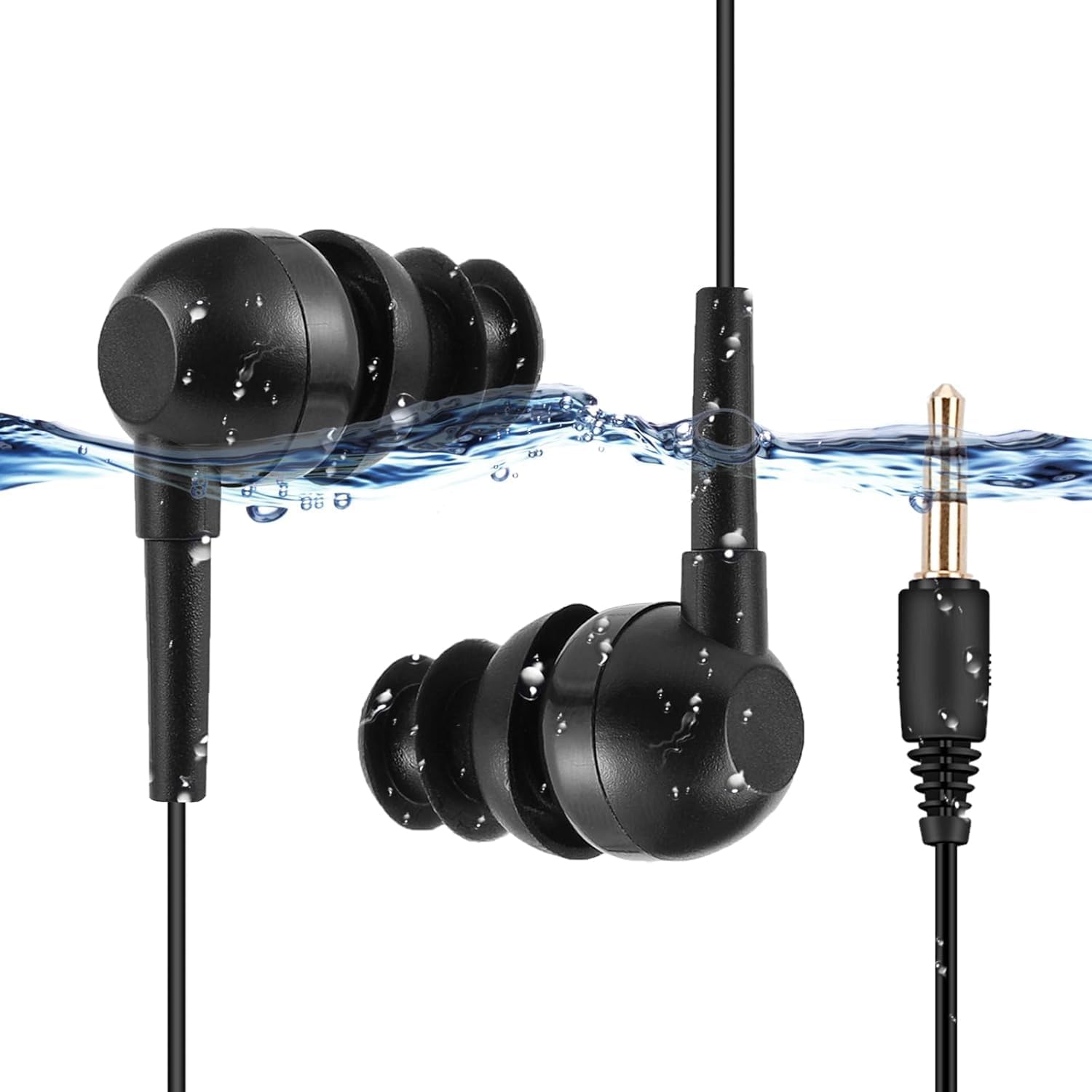 AGPTEK SE11 IPX8 Waterproof In Ear Wired Earphones, Coiled Swimming Earbuds with Stereo Audio Extension Cable, Black