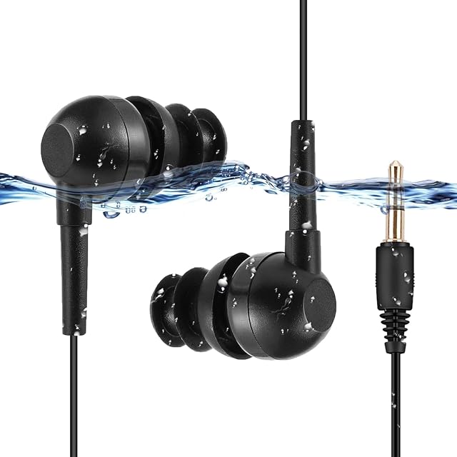 AGPTEK IPX8 Waterproof in-Ear Earphones Coiled Cable Swimming Earbuds with Stereo Audio Extension Cable Wired Black