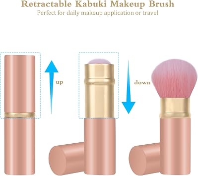 Retractable Kabuki Makeup Brush, Travel Face Blush Brush | Portable Flawless Makeup Brush for Foundation, Blush, Bronzer, Buffing, Cruelty Free with Cover, Aluminum Handle