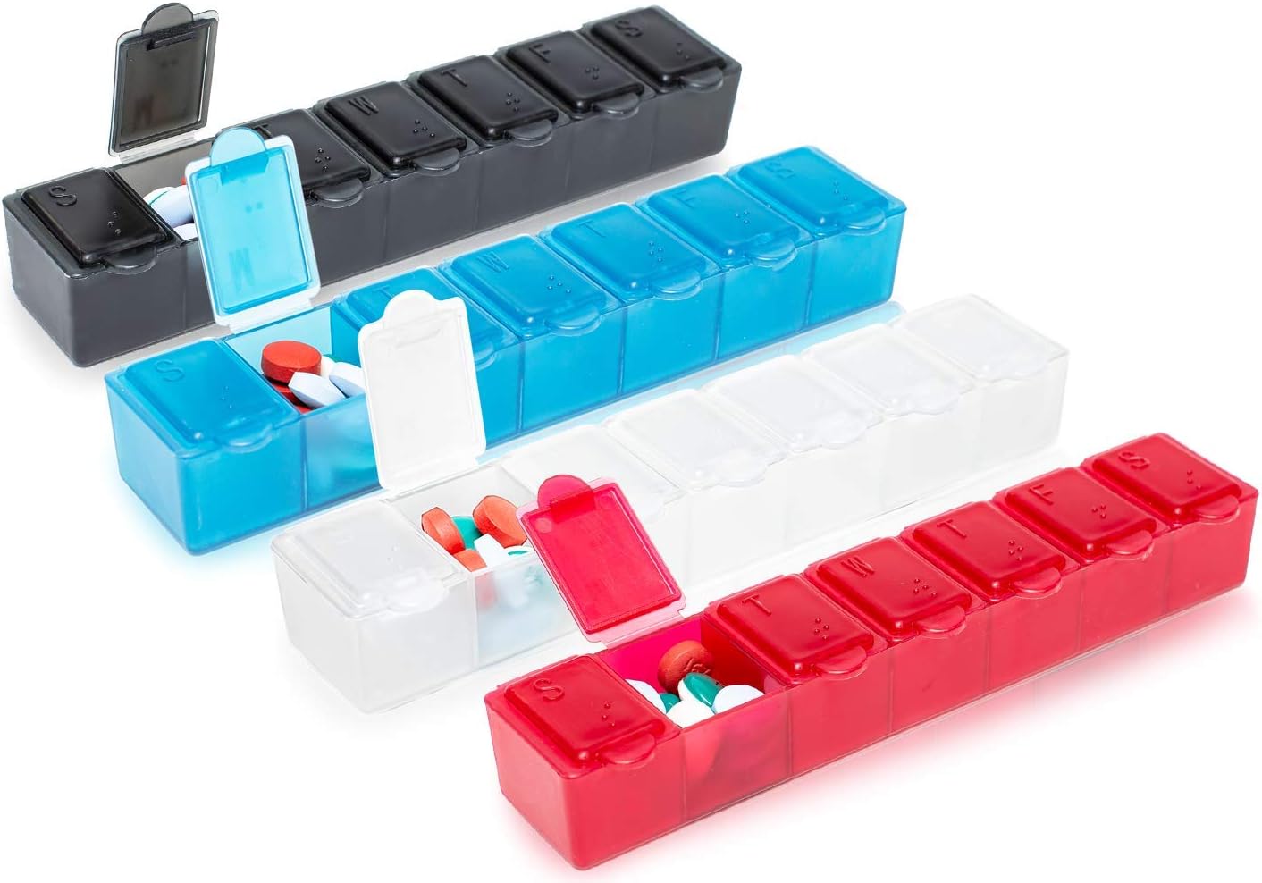 USA Merchant - 7 Day Small Pill Box with Snap Close Lids - Weekly Pill Organizer 4 Times a Day or 28 Day Dispenser - Comes with 4 Separate 7 Day Pill Containers for Vitamins, Supplements, and Medicine