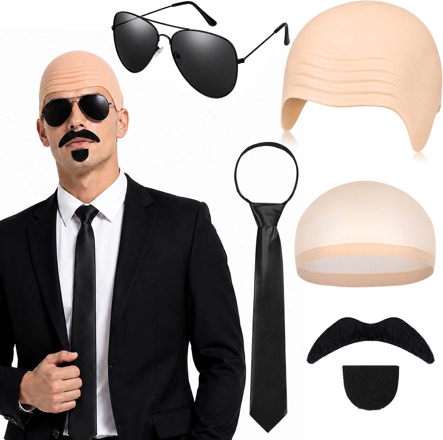 Bald Cap Costume Set Mustache Sunglasses Tie Hip Hop Music Singer Rap Artist for Adult Halloween Festival Concert Cosplay