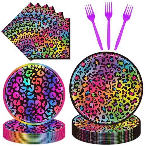 96Pcs Cheetah Print Birthday Party Decorations, Neon Rainbow Leopard Themed Party Supplies Tableware Set Include Paper Plates, Napkins, Forks, Serves 24 Guests