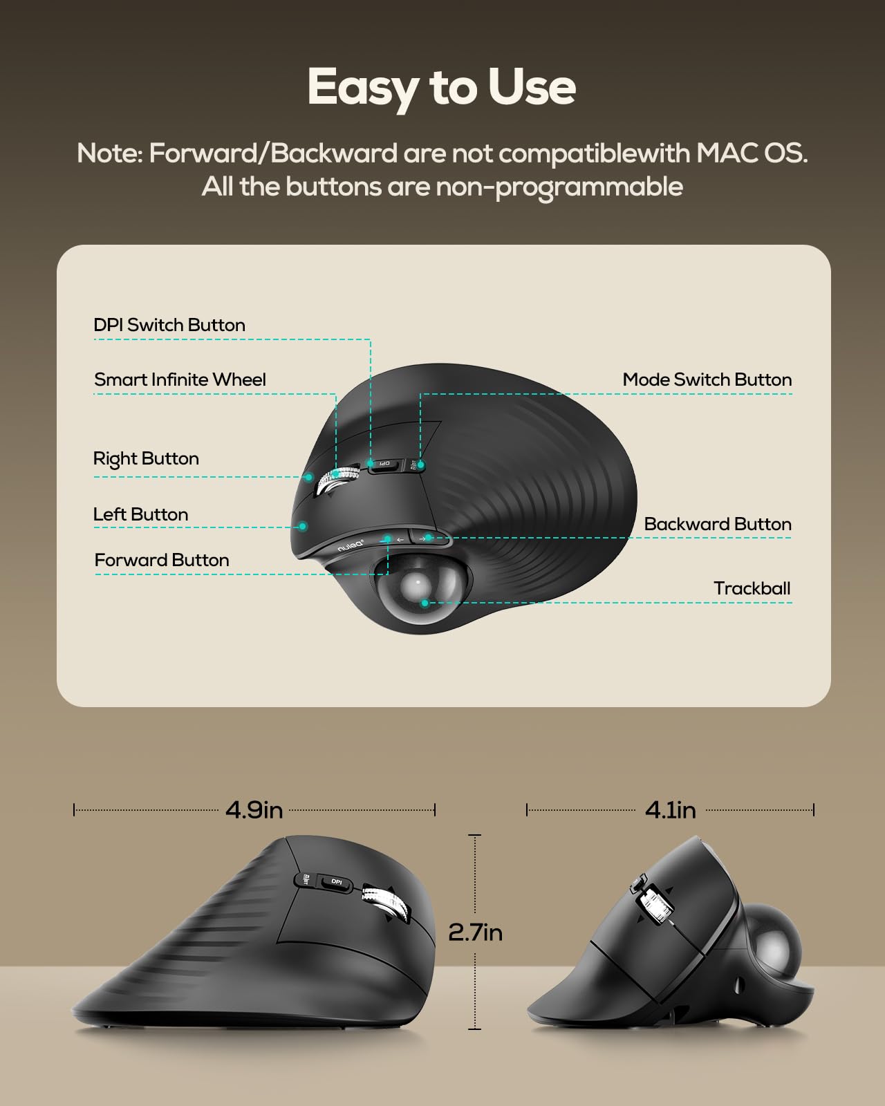 Nulea M514 Mouse Trackball verticale, mouse ergonomico senza fili con controllo del pollice con clic silenziosi, scorrimento ultra veloce, connessione a 3 dispositivi (Bluetooth e ricevitore USB