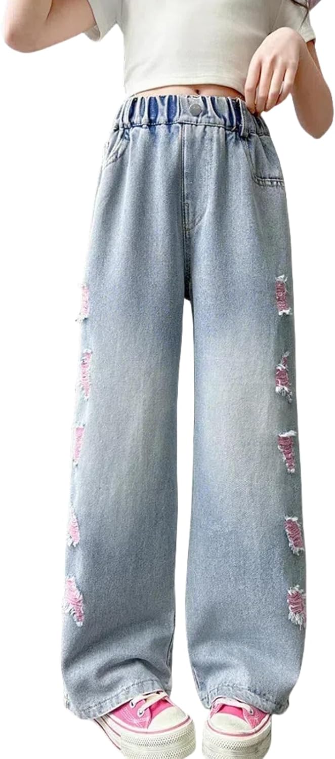 NABER Kids Girls Elastic Waist Cool Ripped Jeans Washed Denim Wide Leg Ripped Denim Jean Age 5-15 Years