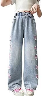 NABER Kids Girls Elastic Waist Cool Ripped Jeans Washed Denim Wide Leg Ripped Denim Jean Age 5-15 Years