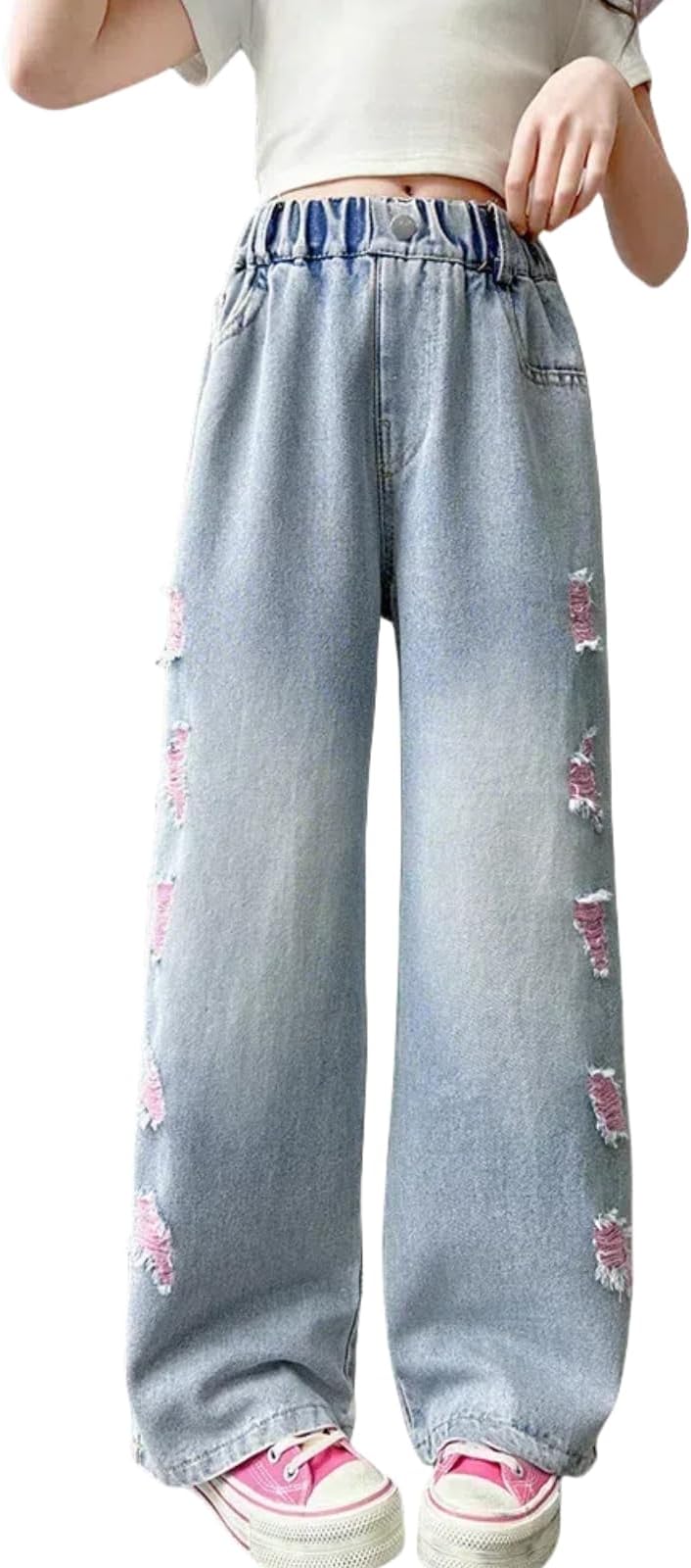 NABER Kids Girls Elastic Waist Cool Ripped Jeans Washed Denim Wide Leg Ripped Denim Jean Age 5-15 Years