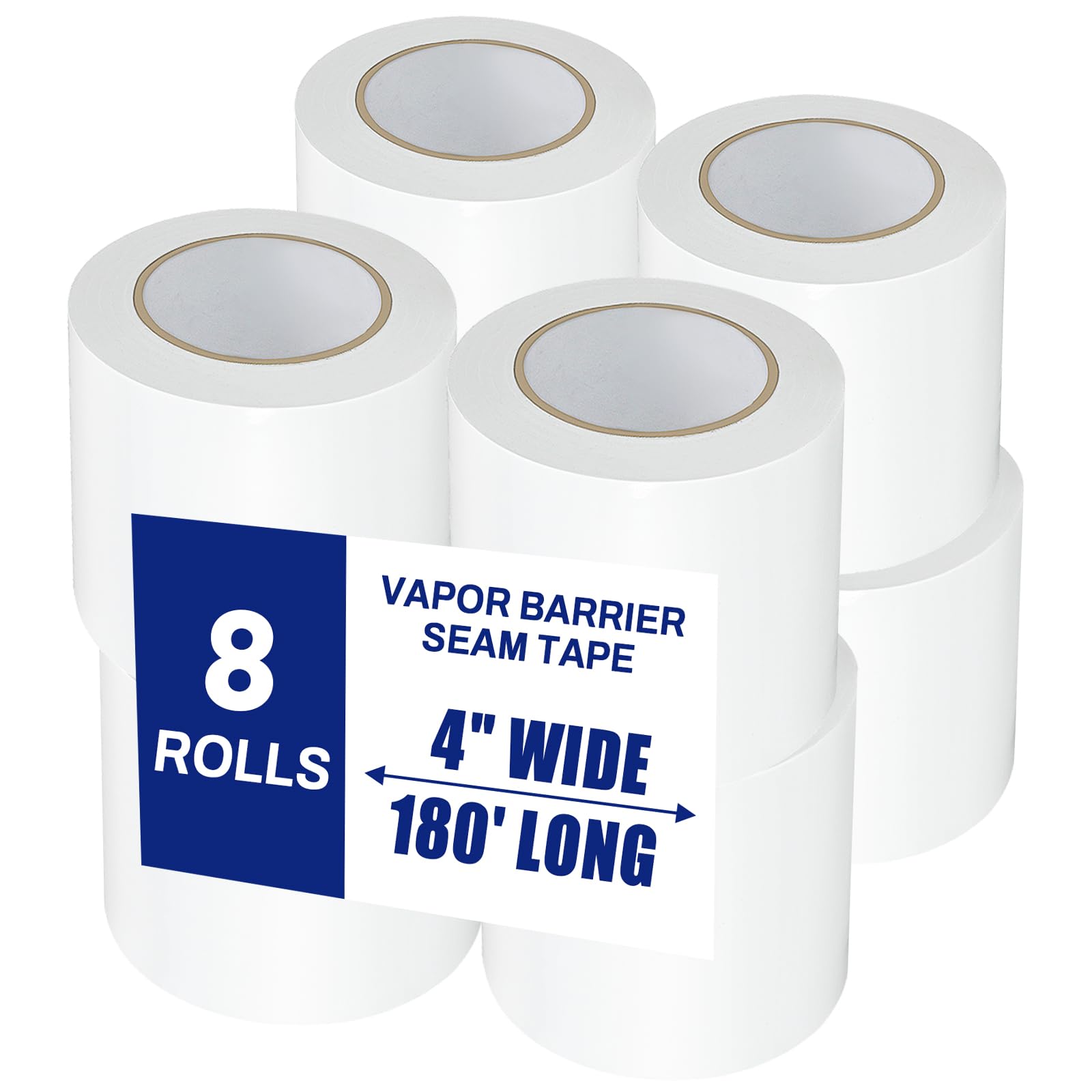Bghdas 8 rollos, cinta de barrera de vapor blanca, 4 pulgadas de ancho x 180 pies de largo, cinta de polietileno de polietileno de 9 mm, para sellado y costura de barreras de humedad impermeables de