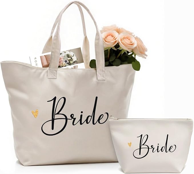 CARAKNOTS Bride Bag Bride Gifts for Wedding Bridal Shower Engagement Party Accessories Bachelorette Gifts Cotton Beach Canvas Tote Shoulder Bag with Zip and Pocket 2 Pcs