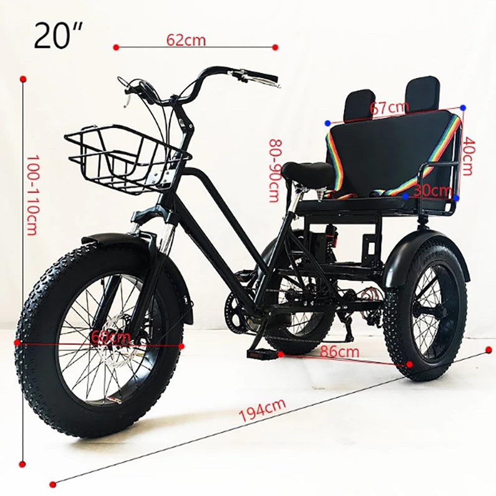 Rower trójkołowy z oponami fatbike 20", dla dorosłych, z siedzeniem pasażera, wysoka nośność, komfort jazdy, dla seniorów o wzroście 170-185 cm