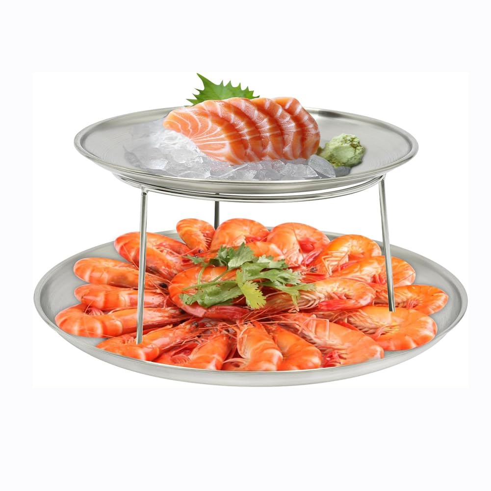 Torre de mariscos plateada de 2 niveles, acero inoxidable, doble capa, bandeja redonda para servir para fiestas, aperitivos, postres y entretenimiento