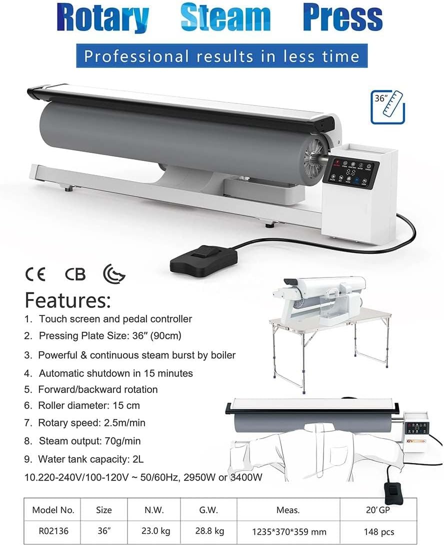 2950W Commercial Roller Ironing Machine, Professional Rotary Steam Press,with Foot Pedal, for Hotel Linen & Bed Sheets