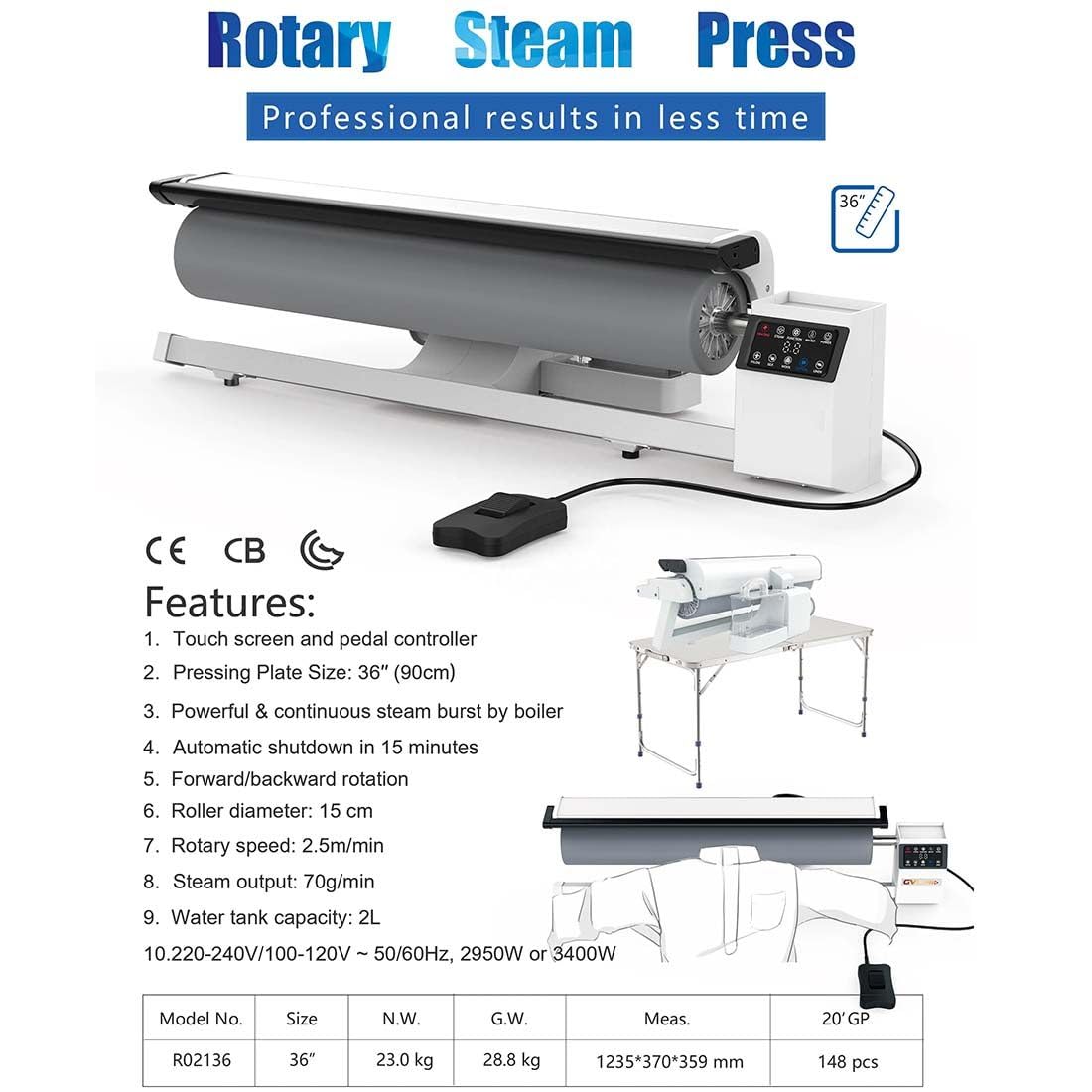 2950W Commercial Roller Ironing Machine, Professional Rotary Steam Press,with Foot Pedal, for Hotel Linen & Bed Sheets